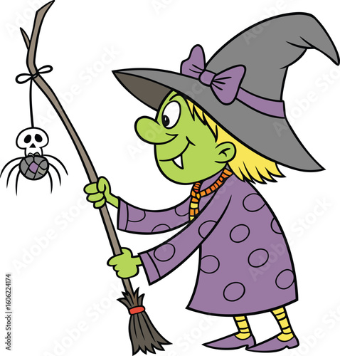 A cartoon witch in a purple dress and hat, walking with her broomstick and a dangling spider, with a skull in her pocket. Cute Halloween character vector illustration isolated on white.