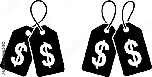 Two Black Price Tags with Dollar Signs, Simple Icon Set,  Financial Vector Graphics, Minimalist Style, Business Concept.