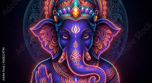 Vibrant artistic illustration of lord ganesha with glowing neon effect crown and intricate design symbolizing ganesh chaturthi celebration and hindu religious devotion artwork