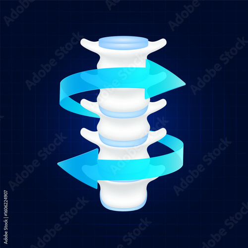 Healthy bone. Blue rotating arrow around vertebra joint cartilage on dark background. Strong human spinal anatomy. For design medical or scientific treatments. Vector EPS10.