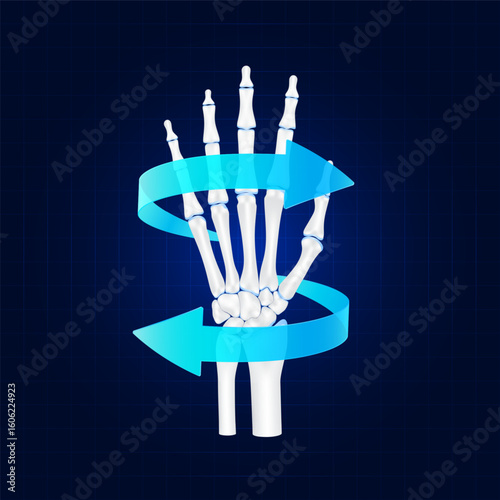 Healthy bone. Blue rotating arrow around wrist finger joint cartilage on dark background. Strong human hand anatomy. For design medical or scientific treatments. Vector EPS10.
