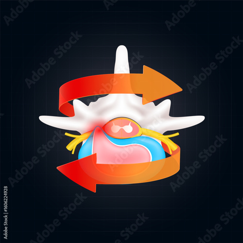 Herniated disc. Protrusion spinal bone problems that make back and neck pain. Red rotating arrow around vertebra joint cartilage on dark background. For design medical or scientific treatments. Vector