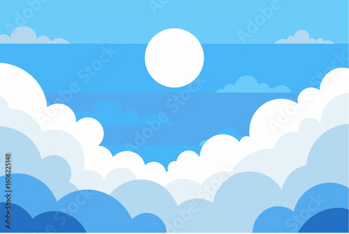 Bright blue summer sky with fluffy white clouds and golden sun rays