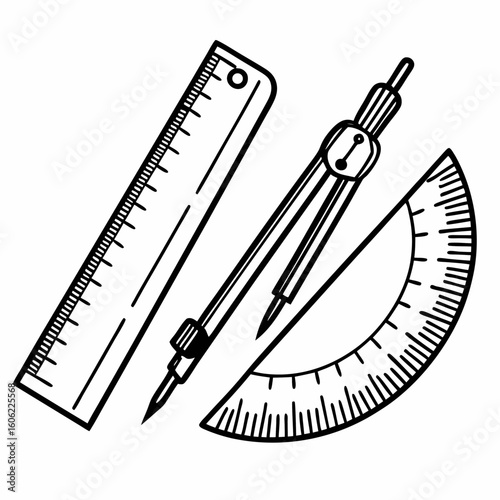 A graphic design of a ruler, compass, and protractor, arranged in a triangular formation.