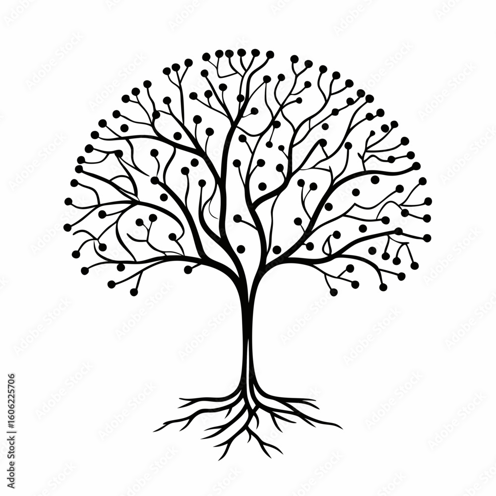 Naklejka premium Stylized tree illustration with circular dots at the end of branches, roots visible, black and white.
