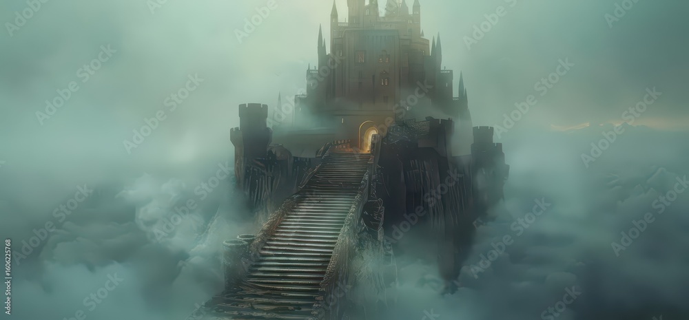 Fototapeta premium A mystical castle rises above the clouds, surrounded by ethereal mist and a winding staircase.