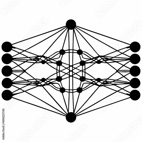 Diagram of a neural network with interconnected nodes and lines.