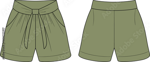 High waist belted women's shorts front and back view, fashion flat sketch, vector apparel template, summer clothing technical drawing