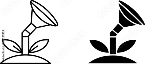 Plant Watering System Icon: Line Art and Solid Black Vector Graphics for Agriculture and Gardening Websites.