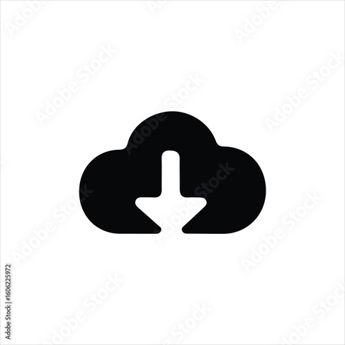 Black cloud icon with downward arrow symbol on white background download