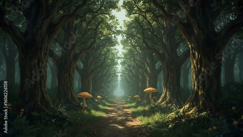 Fototapeta Naklejka Na Ścianę i Meble -  Mysterious forest with mushrooms and path. 3d render.