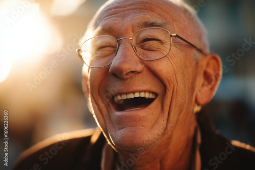 “Senior man glasses smiling happy outdoor sunlight closeup elderly joyful laughter portrait male