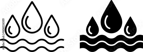Water Absorption Icons: Line and Solid Style, Three Drops on Waves, Liquid Retention Symbol