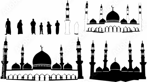 Silhouette illustration showing muslims and mosques with domes and minarets in black and white style art
