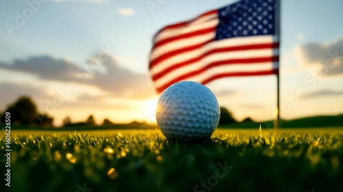 American Golf Patriotism Ball Course Sunset Green Grass Close Up