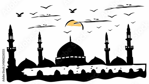 Illustration of a mosque silhouette with birds flying against a sunset and cloudy sky background