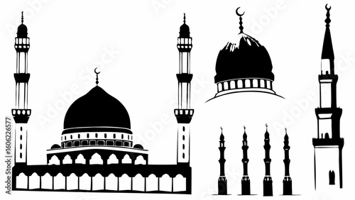 Illustration of a mosque with domes and minarets in black and white architectural silhouette style art