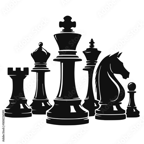 A black illustration of various chess pieces: King, Queen, Rook, Bishop, Knight, and Pawn, on a board. Represents strategy, logic, and challenges.