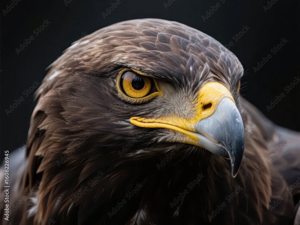 Obraz premium An eagle with dark - brown feathers on its head and a sharp look in its eyes is presented in a close - up shot, with a light - toned and blurred background highlighting its majestic expression.