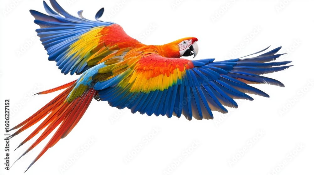 Obraz premium Colorful macaw parrot in flight with outstretched wings isolated on white background, vibrant tropical bird captured in motion, exotic wildlife concept