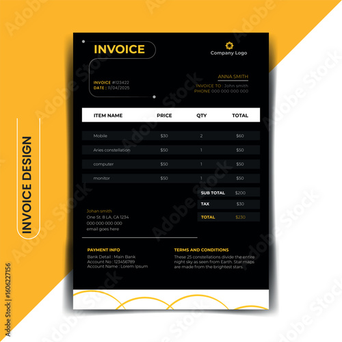 Black and white color minimal business invoice design vector file