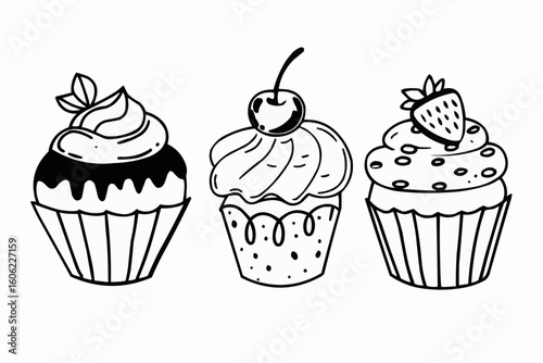 Cute cupcake trio with cherry, chocolate, and strawberry toppings for sweet designs