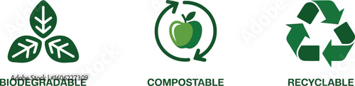 Biodegradable Compostable Recyclable Green Icon Set on White Background