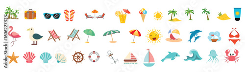 A collection of colorful icons for summer activities such as swimming, sunbathing, and boating.