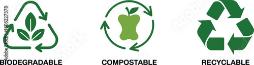 Biodegradable Compostable Recyclable Green Icons Arrows Recycle Logo on White