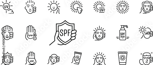 Black Line Art Icons of SPF Protection, Sunscreens, UV Rays, Face Sun Care