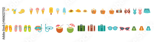 A collection of colorful icons for summer activities such as swimming, sunbathing, and boating.