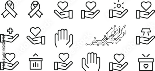 Charity Goodwill Icons Collection Set, Black Outline Style,