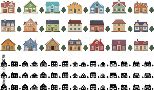 Cartoon Houses Flat Style Colorful Exterior Home Set with Trees Icon