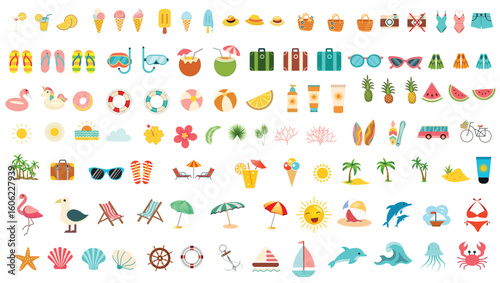 A collection of colorful icons for summer activities such as swimming, sunbathing, and boating.