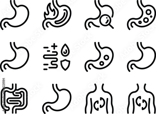 Collection of Black Outline Digestive System Icons on a Transparent Background
