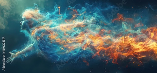 A vibrant depiction of a figure merging with flames and smoke, symbolizing transformation.