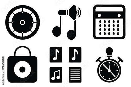 Vector art of collection of black and white icons featuring music, time, and calendar symbols