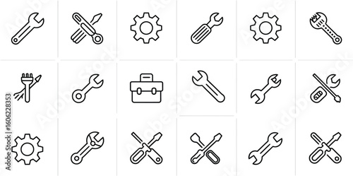 Collection of tools line icons, wrench, screwdriver, toolbox on transparent background
