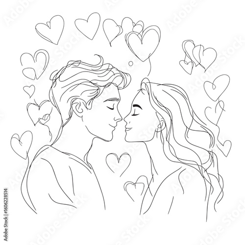 Hearts continuous one line art drawing, valentines day concept, heart love couple outline artistic isolated