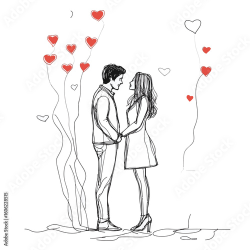 Hearts continuous one line art drawing, valentines day concept, heart love couple outline artistic isolated