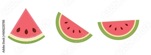Three stylized watermelon slices are depicted, each with a pink-red flesh and small black seeds
