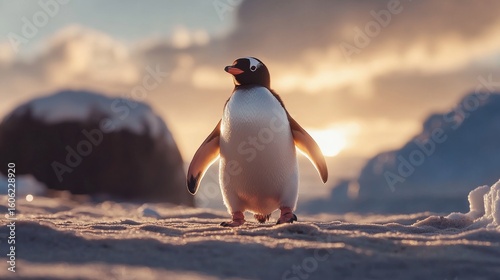 Gentoo penguin walking alone on sandy shoreline with ocean waves in background, depicting antarctic wildlife behavior in natural coastal habitat during summer season




