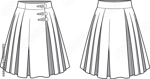 Women’s pleated skirt with side buttons, flared design, high waist, front and back views, fashion clothing, CAD technical drawing, flat vector illustration