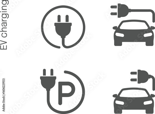 EV Charging Symbol Set Electric Plug Icons, Car Charging Signage, Isolated on White