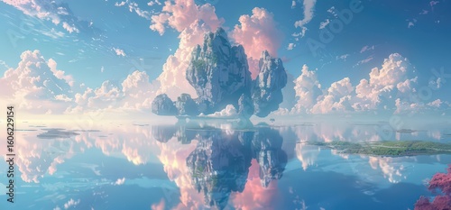 A serene landscape featuring floating islands and vibrant clouds reflected in calm waters.