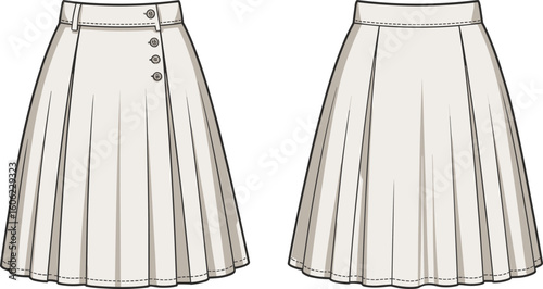 Women’s pleated skirt with side buttons, high waist design, flared silhouette, front and back views, fashion garment, vector CAD technical drawing, flat illustration