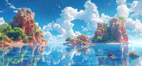 A serene landscape featuring rocky islands, lush greenery, and reflective waters under a bright sky.