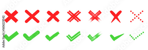 set of cross x and check mark vector icon. no wrong symbol. delete, vote sign. yes, right symbol.