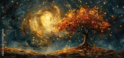 A vibrant autumn tree under a swirling galaxy, symbolizing nature's beauty and cosmic wonder.
