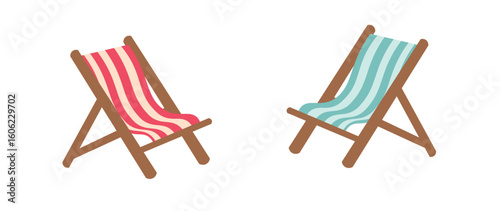 Two wooden deck chairs with striped fabric seats. Beach Chairs